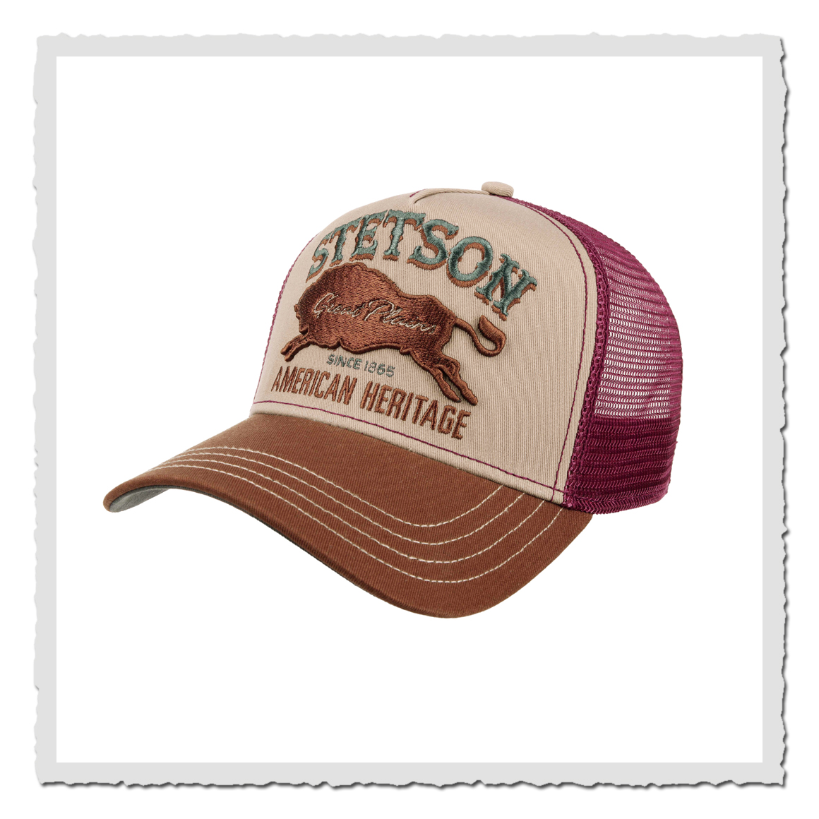 Stetson Trucker Cap Great Plains in Beige-Bordeaux mit Heritage-Stickerei und Mesh-Rückseite