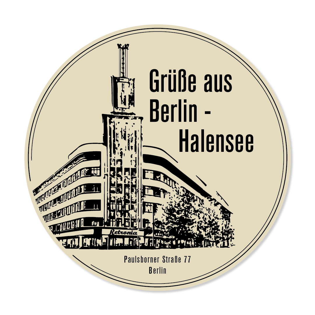 Berliner Architektur & Retro-Charme – Retronia in Halensee Retro-inspirierte Grafik mit Gebäudeansicht in Berlin-Halensee und Textgrüßen