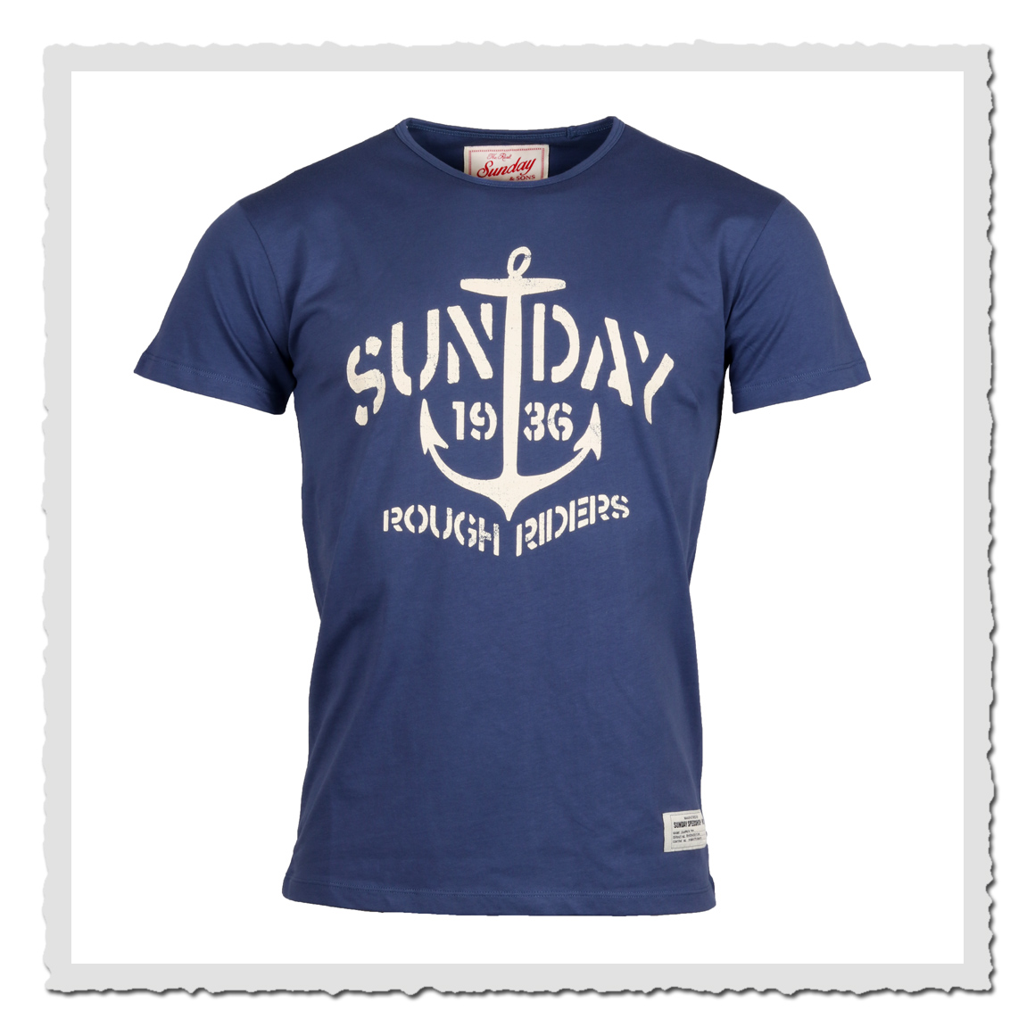 Blaues T-Shirt von Sunday Speed Shop mit weißem Anker-Print und Schriftzug „Sunday 1936 Rough Riders“